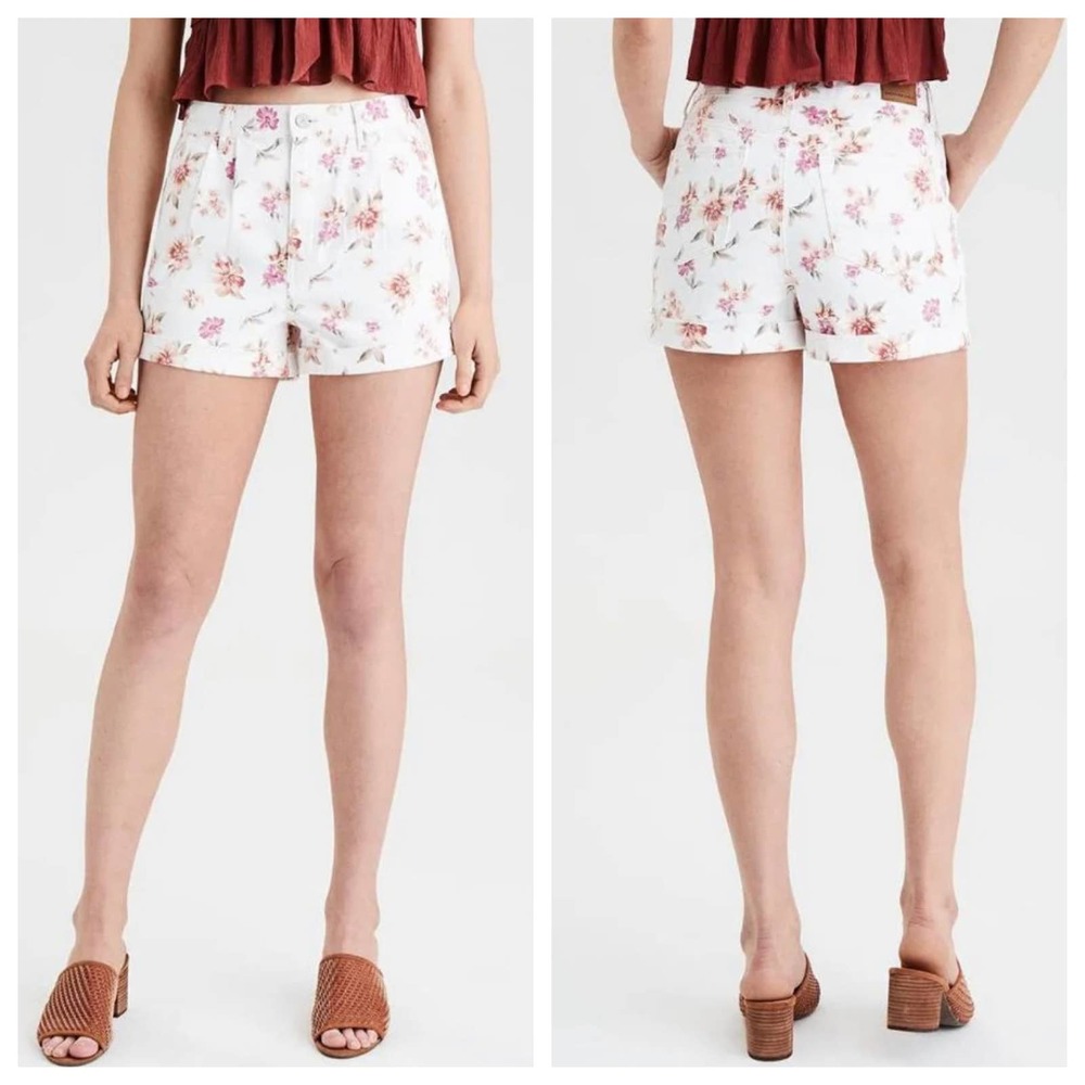 American Eagle Mom style White Floral flower Pleated Denim Shorts plus size 16